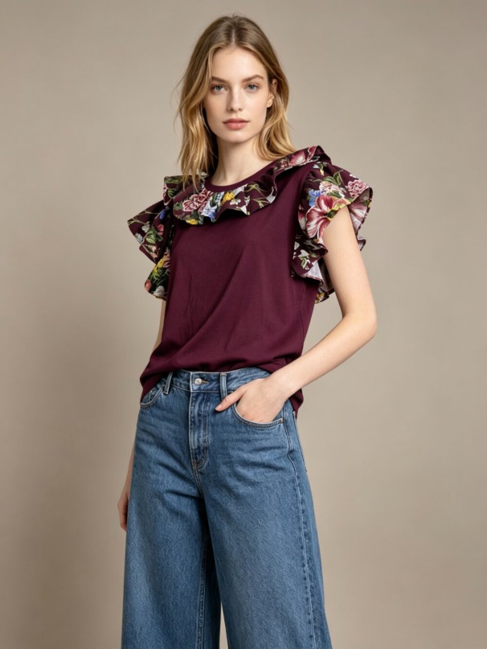 $330 NWOT SEE BY CHLOÉ Ruffle-trimmed Cotton Floral Top T-Shirt Size 38